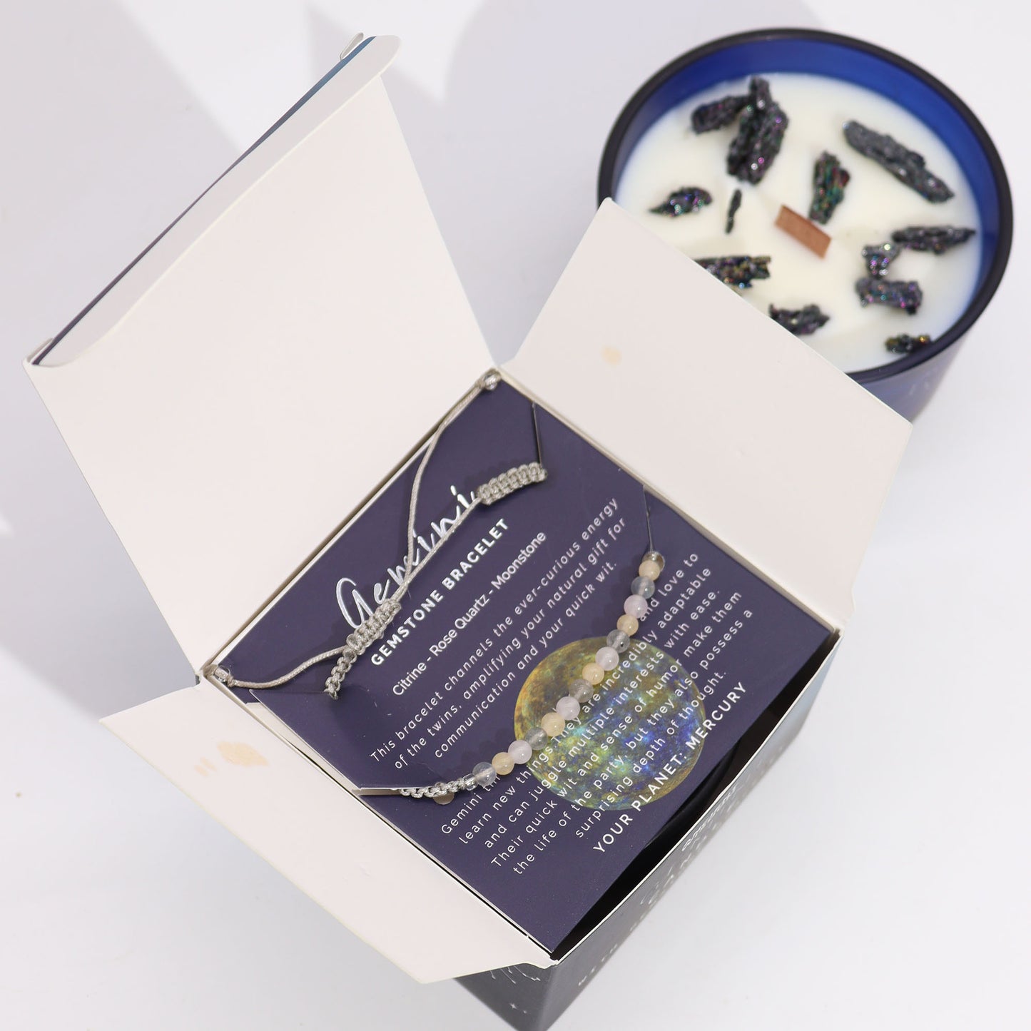 Gemini gemstone bracelet in a box with Zodiac Crystal Candle gift set