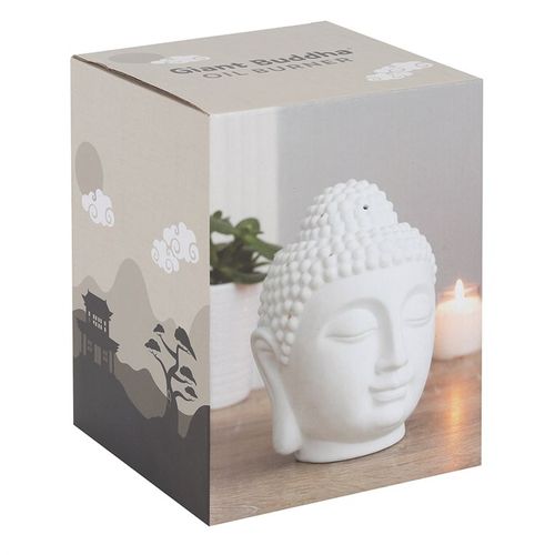 Giant Buddha oil burner displayed in elegant packaging with serene background