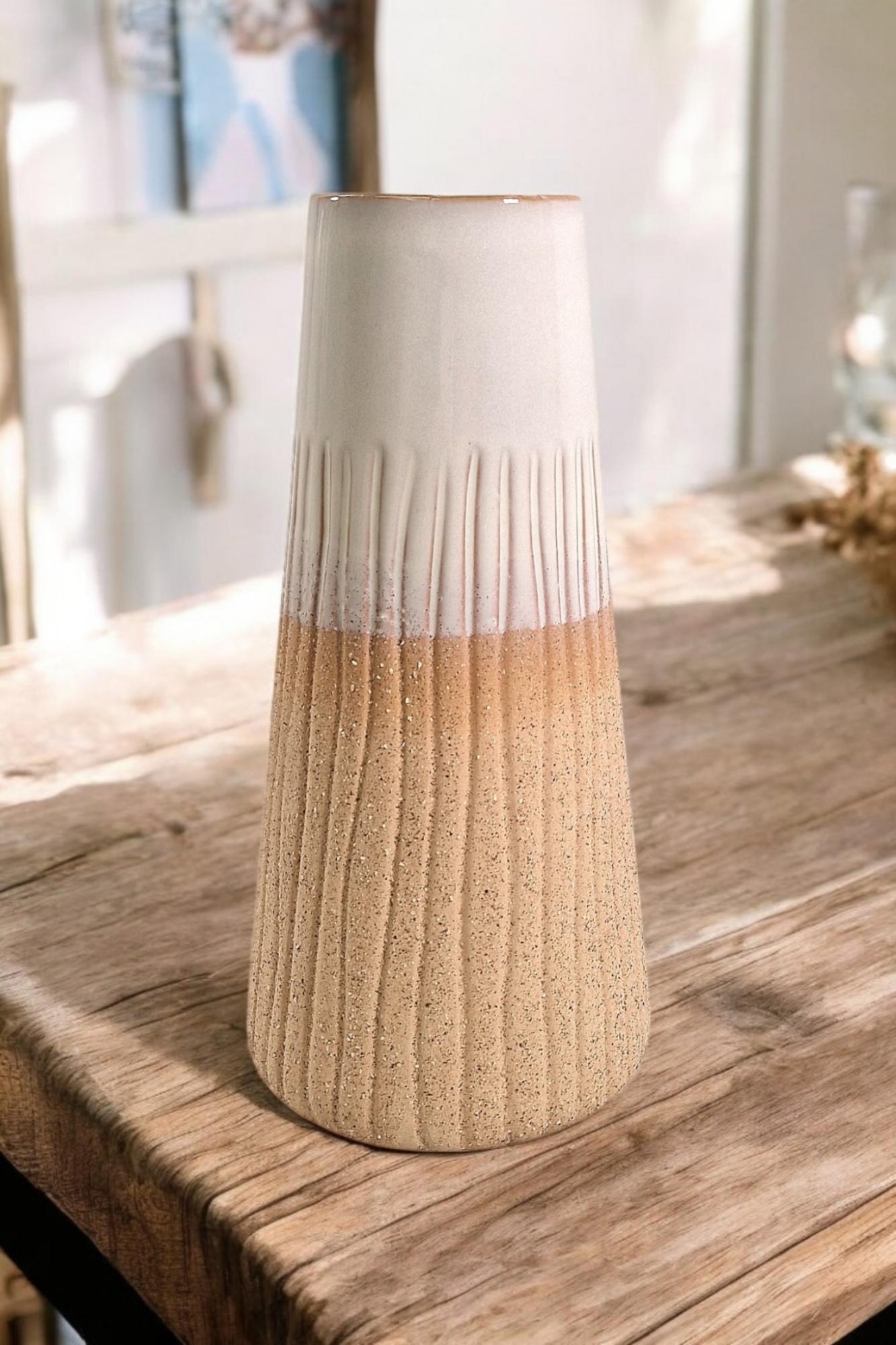 Geko Products glazed white vase home decor with textured beige base on wooden table