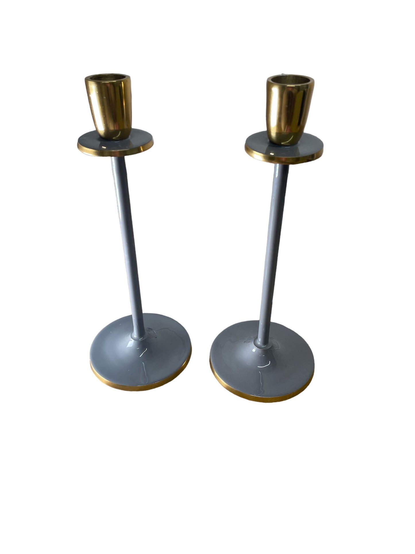 Geko Products glossy grey candlestick set with gold accents and modern slender design