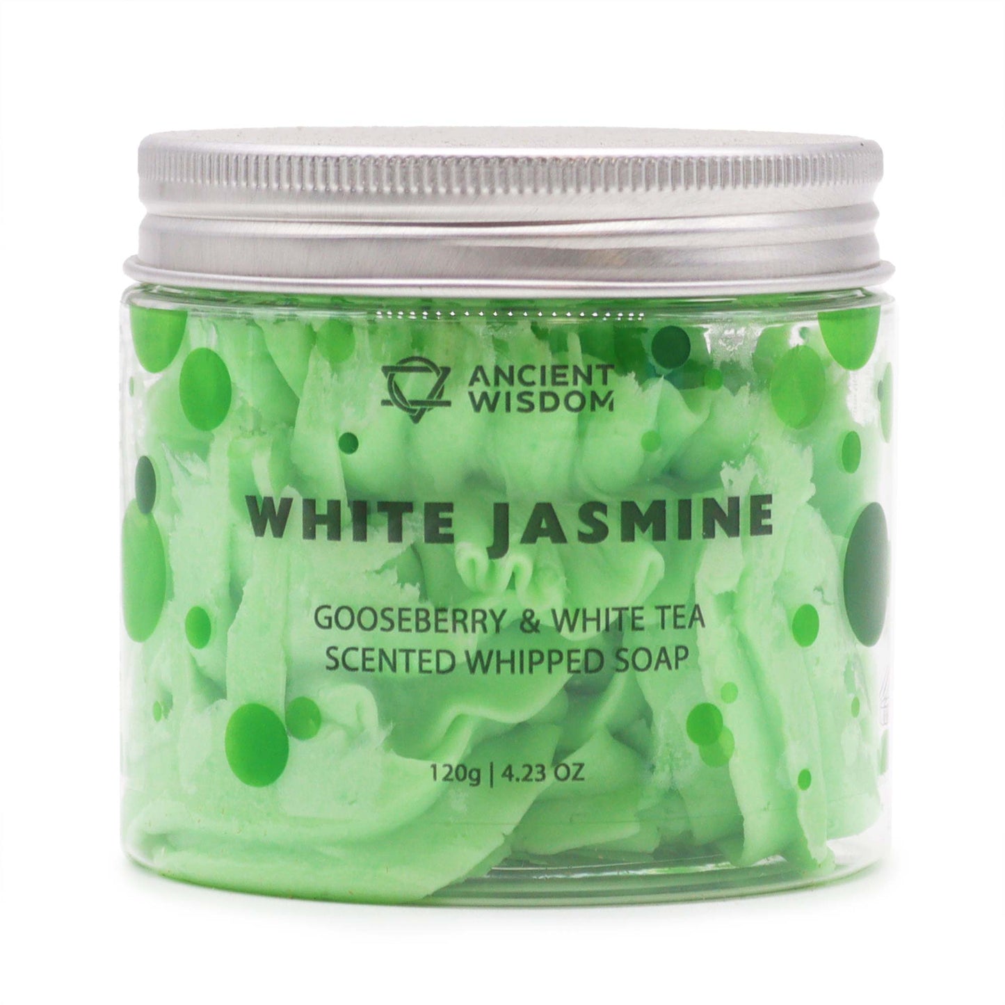 Gooseberry white tea soap in a green jar with a whipped texture for a refreshing cleanse