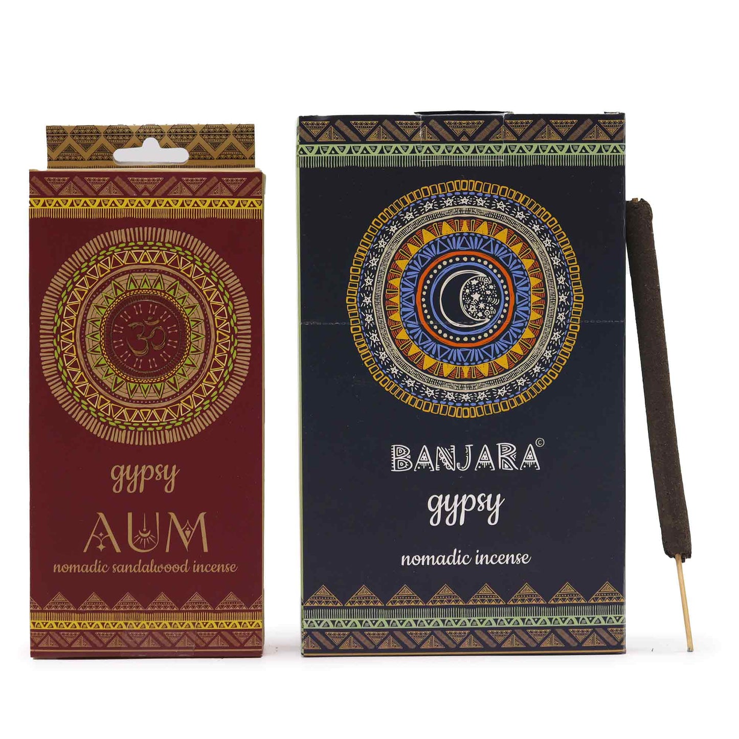 Gypsy Nomadic Incense AUM pack featuring colorful designs and incense sticks for aromatherapy.