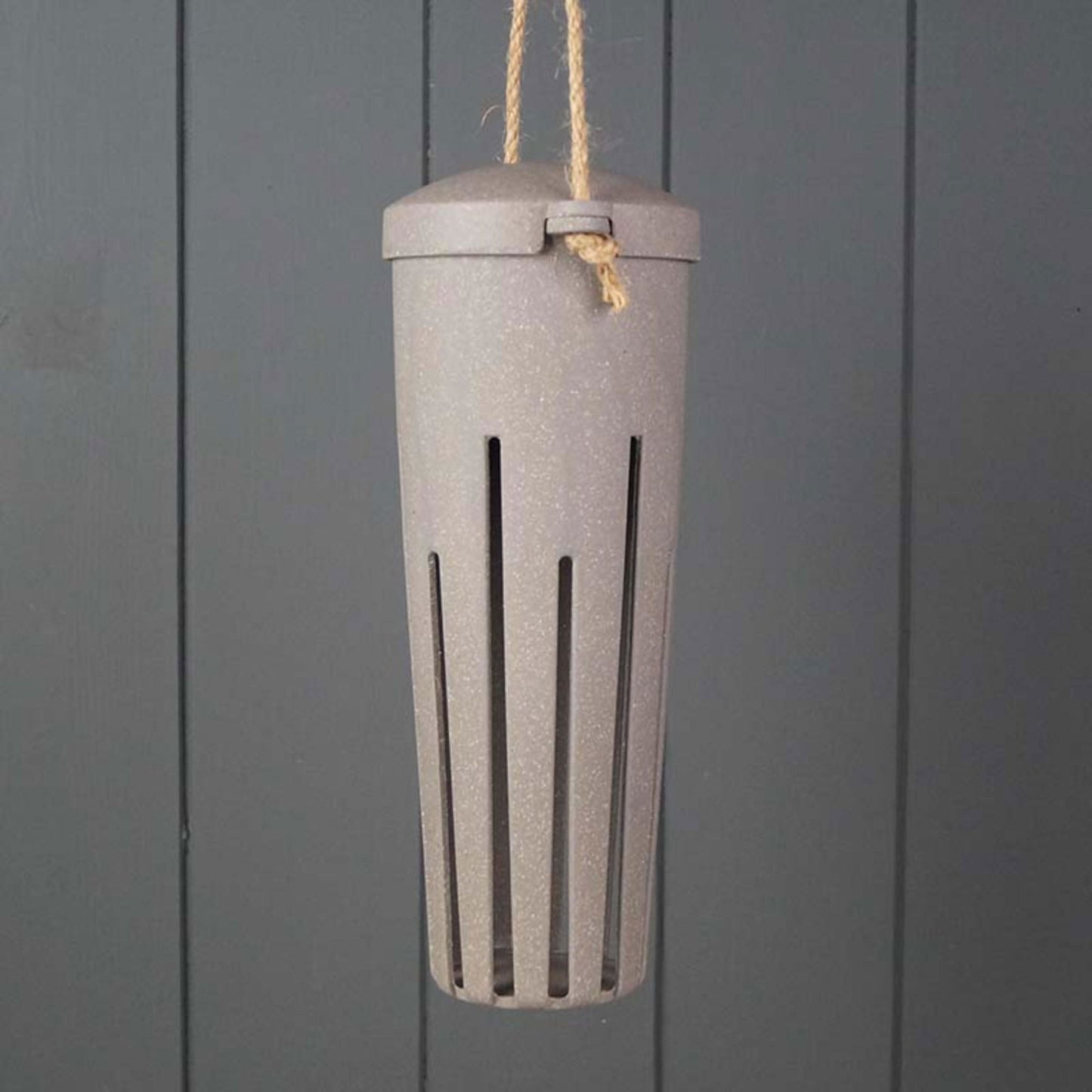 hanging peanut bird feeder for garden with vertical slots and rope hanger in gray