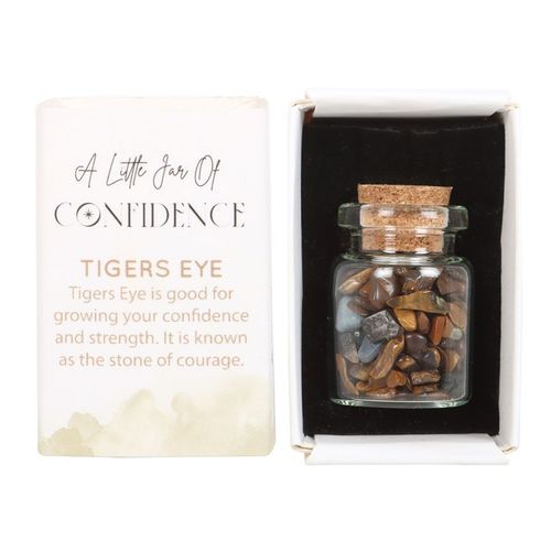 Spiritual healing crystals jar featuring Tiger's Eye stones for confidence and courage, packaged in an elegant box.