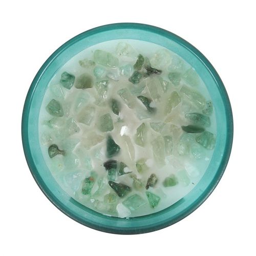 Heart Chakra candle with mint crystal chip topping in a teal container