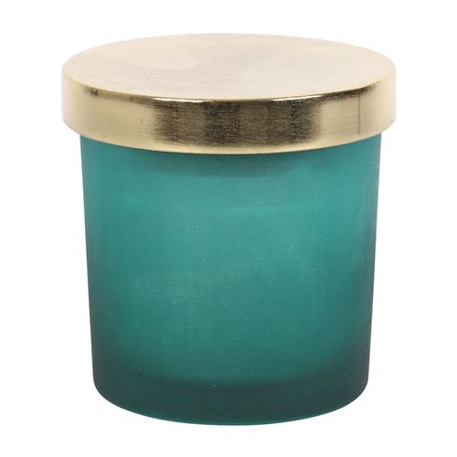 Heart Chakra candle in a teal glass container with a gold lid from Kimchi Toki.