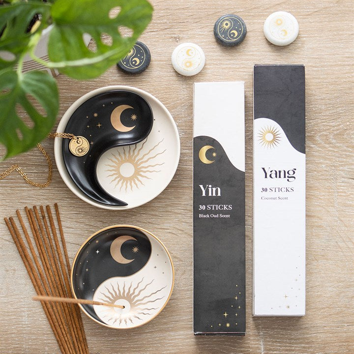 Set of 2 Yin Yang incense sticks set with black and white packaging and incense holder
