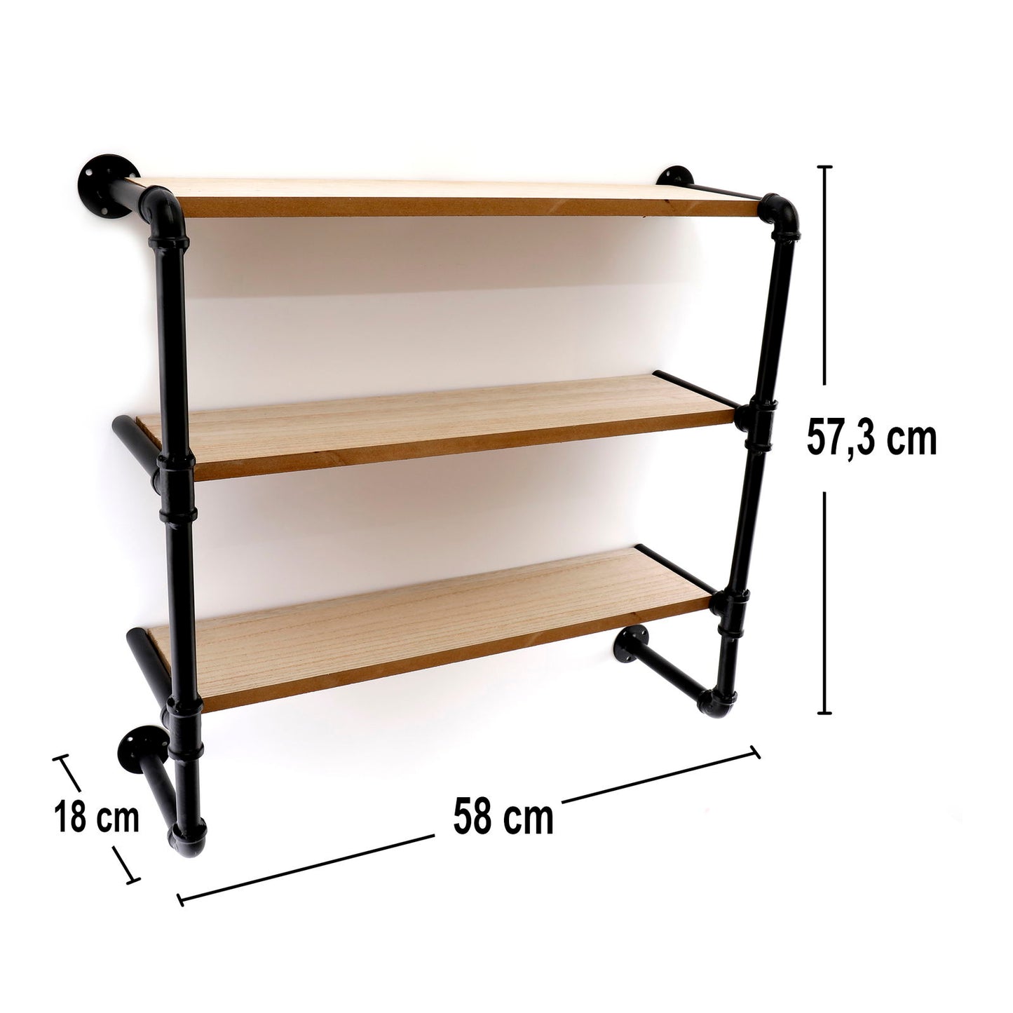 Geko Products industrial pipe shelving with three wooden shelves and black metal pipe frame wall-mounted