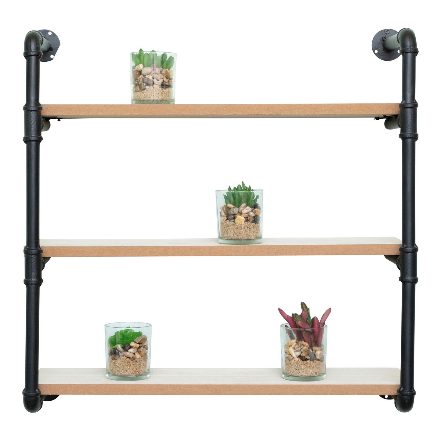 Geko Products industrial pipe shelving with three wooden shelves and small decorative plants