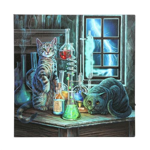 Jekyll and Hyde canvas art featuring two cats in a laboratory setting with colorful potions and a stormy window