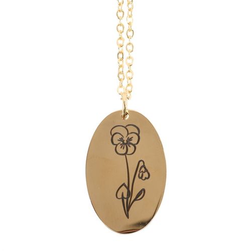 Gold Oval Pendant Necklace with Flower Design, Perfect for a February Birth Card Gift