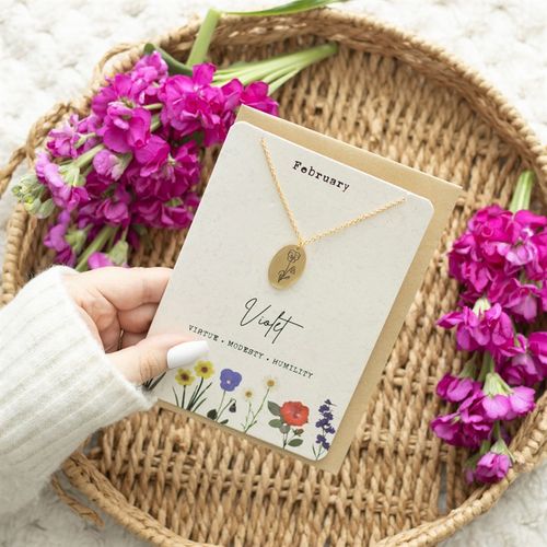February Birth Card with a Violet Necklace Symbolizing Virtue, Modesty, and Humility