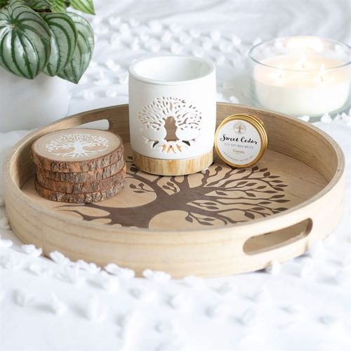 Tree of Life wax warmer gift set arranged on a wooden tray with coasters and scented candle