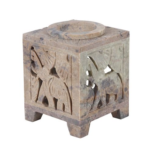 Carved Elephant Oil Burner made from soapstone featuring intricate elephant designs