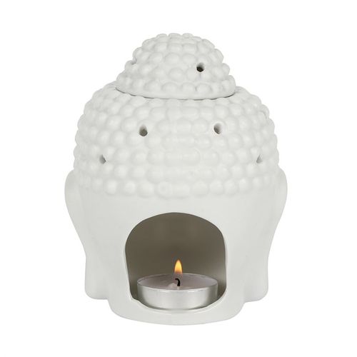Ceramic Buddha oil diffuser with a lit tealight candle, designed for aromatic relaxation