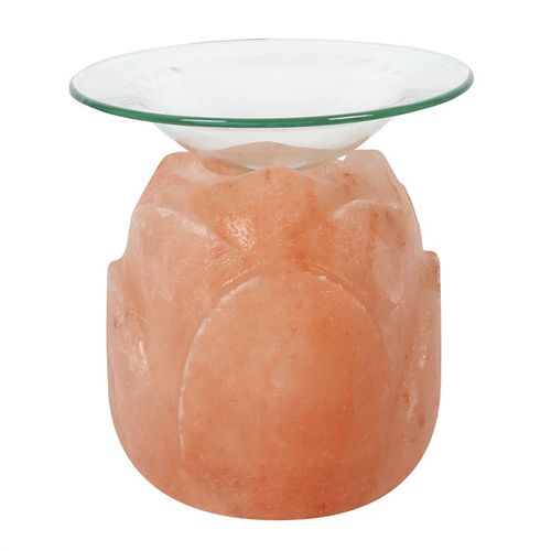 Lotus flower shaped Himalayan salt oil burner with a glass dish for essential oils