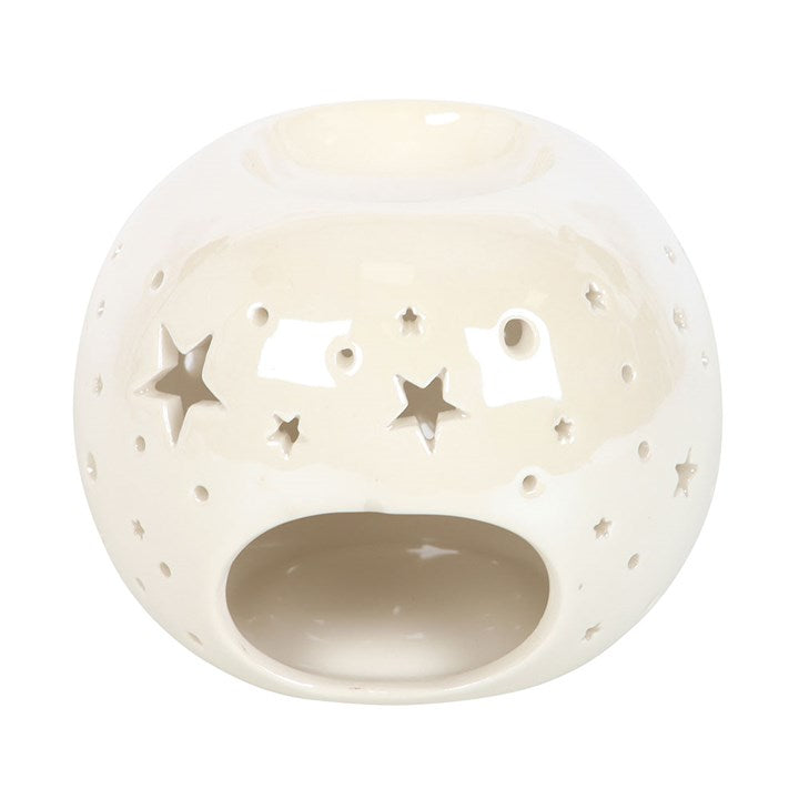 White iridescent star ceramic oil burner with stars for melting wax and essential oils