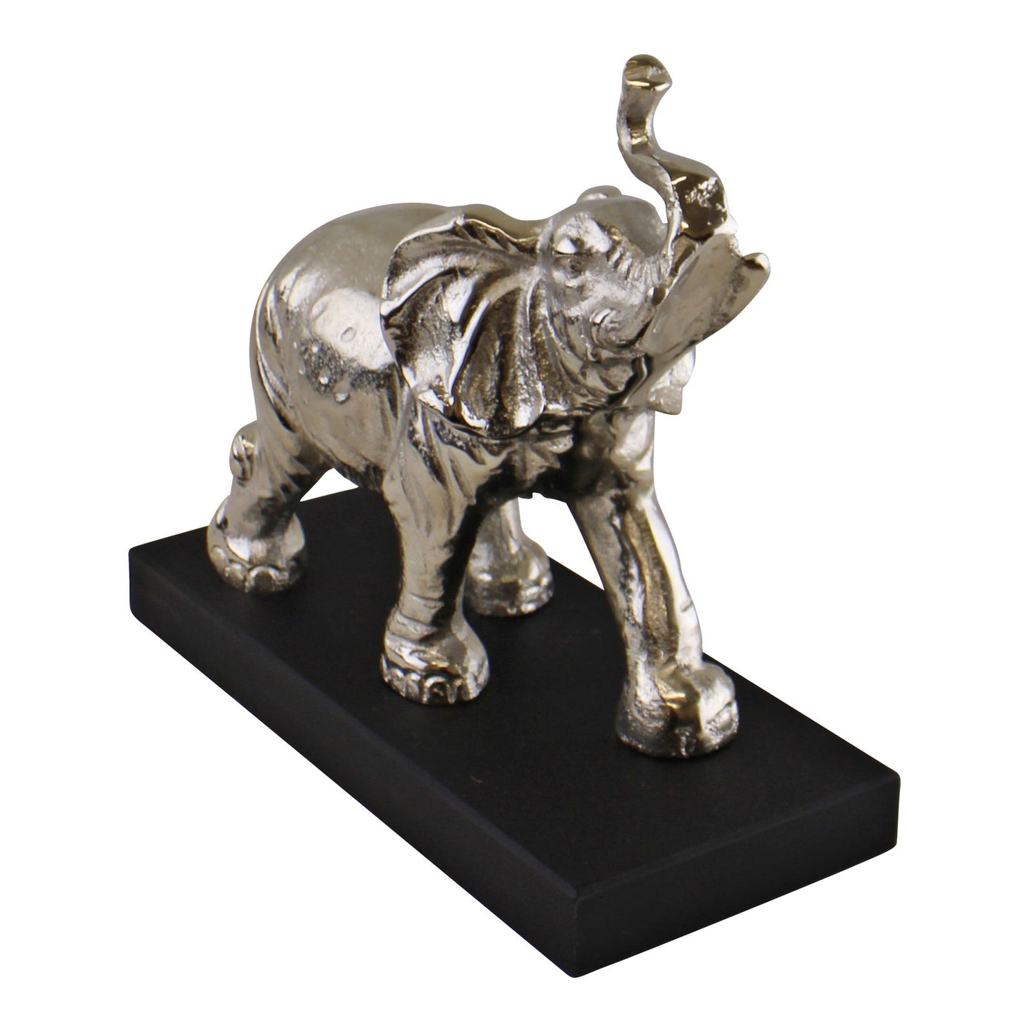 Large ornamental elephant decor in silver finish standing on a black rectangular base by Geko Products