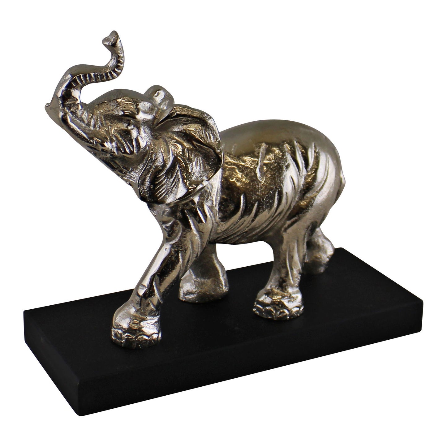 Large ornamental elephant decor in metallic finish on black base by Geko Products