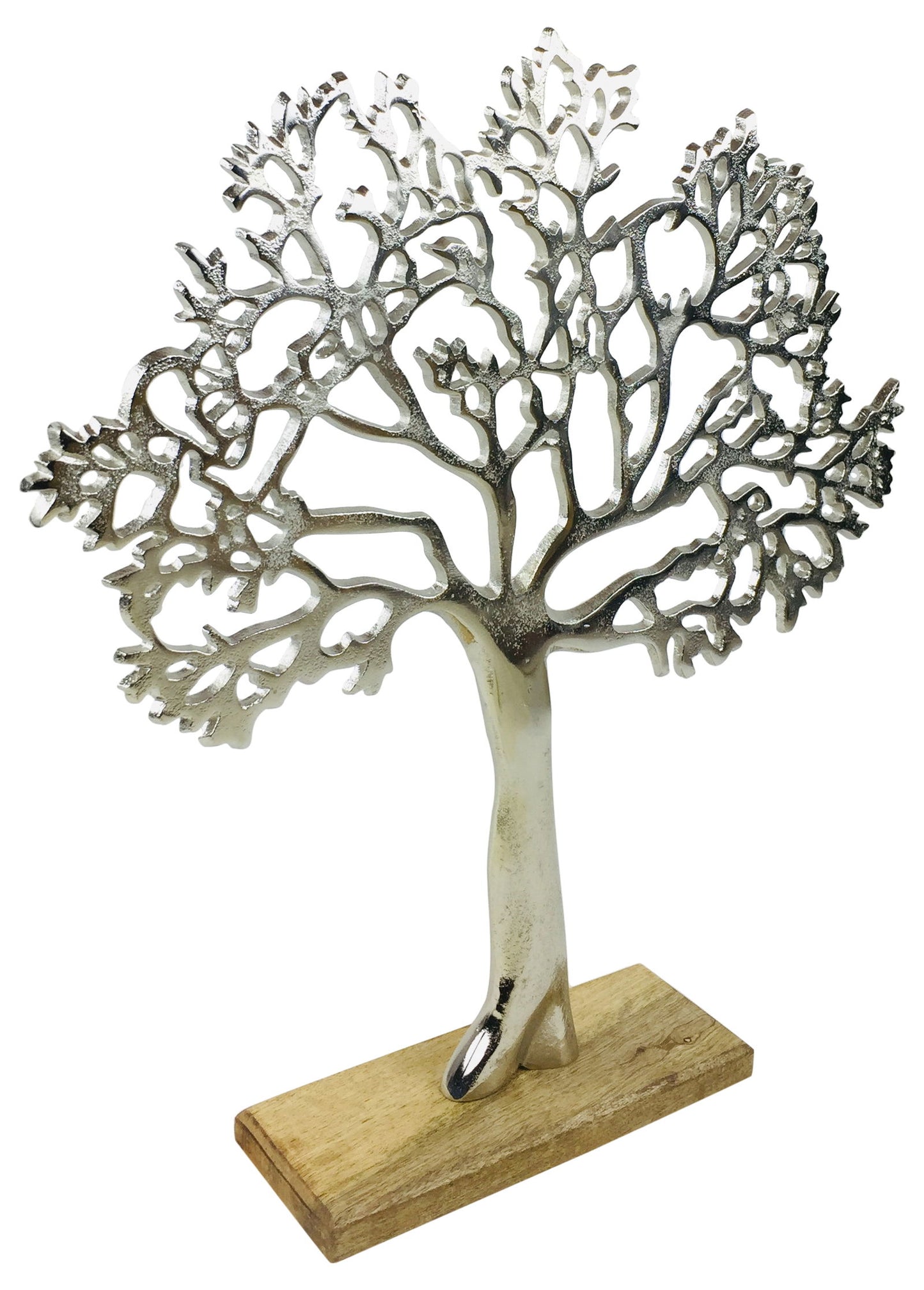 Large silver tree ornament with intricate branches on a wooden base by Geko Products