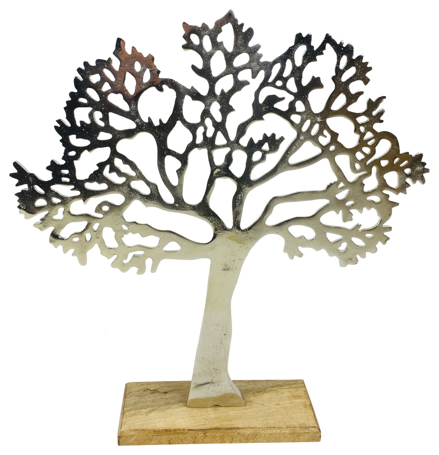 Geko Products large silver tree ornament with intricate cutout design on wooden base