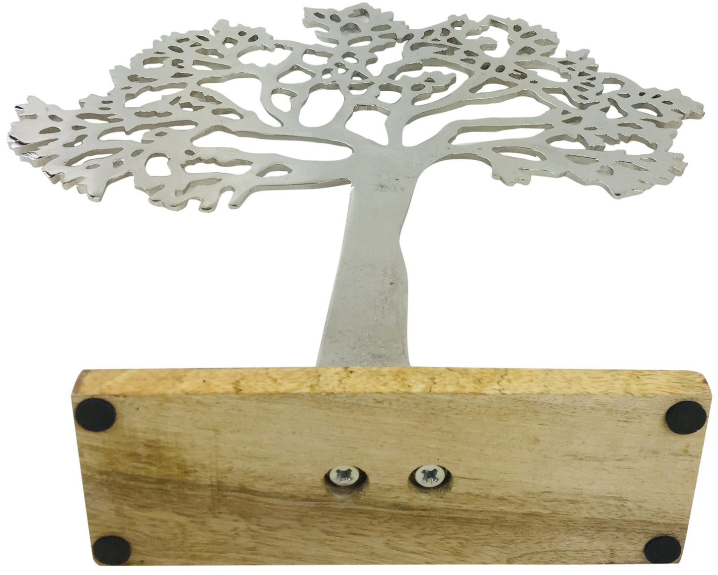 Large silver tree ornament with intricate branches mounted on a wooden base by Geko Products