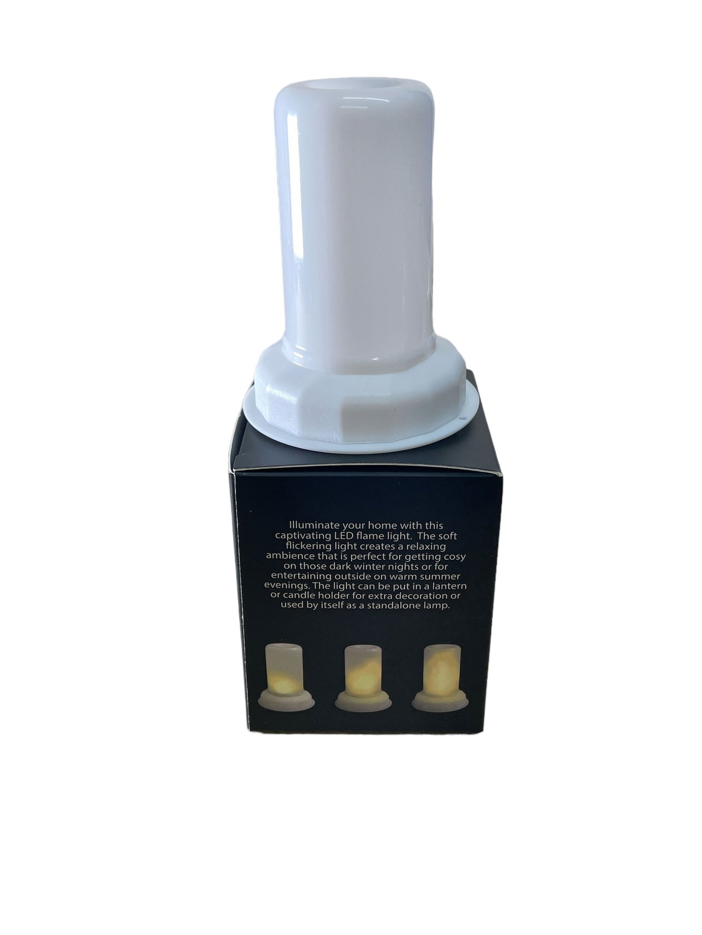 Geko Products LED white flame light with soft glowing design on black packaging box