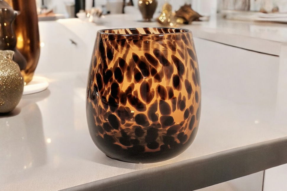 Geko Products leopard print glass vase with brown and black spots on white surface