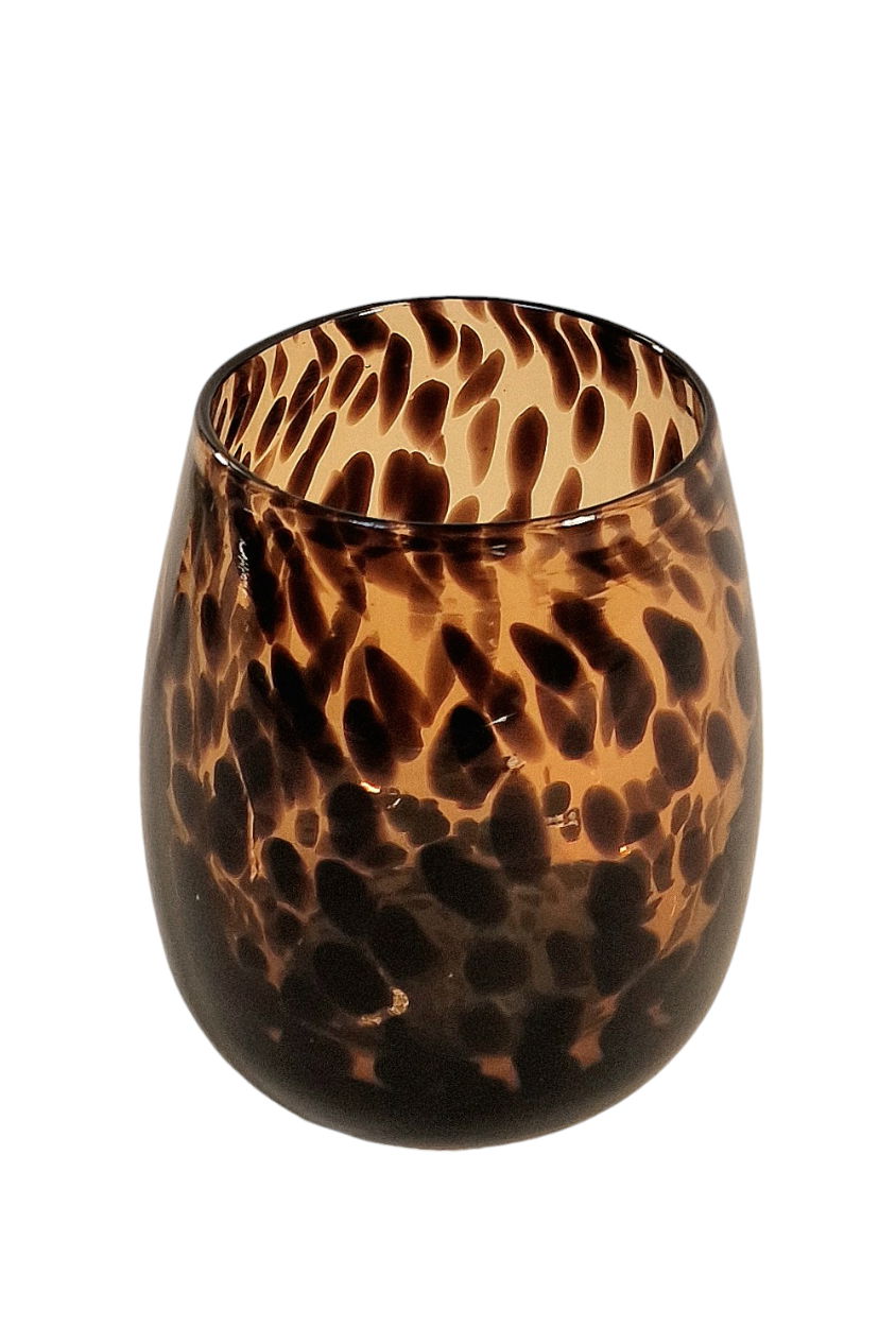 Geko Products leopard print glass vase with brown and black spotted design and rounded shape
