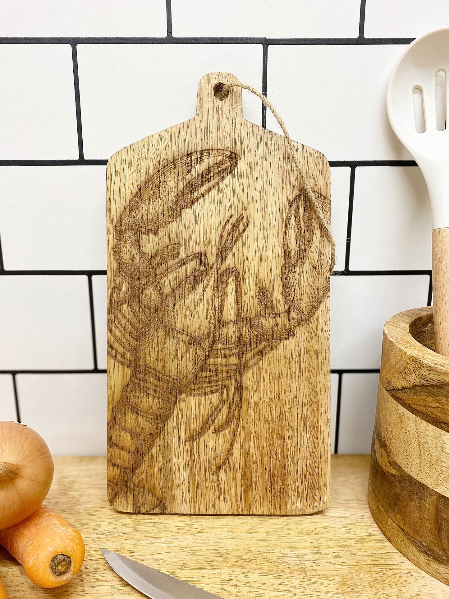 Geko Products wooden lobster cheese board with engraved lobster design and hanging rope