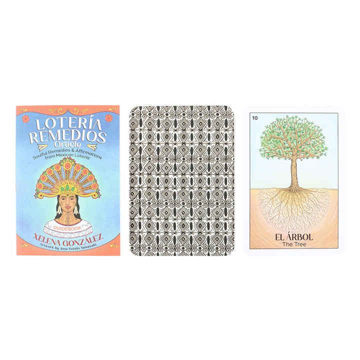 Loteria Remedios Oracle Cards featuring vibrant box design, patterned card backs, and illustrated nature-themed cards