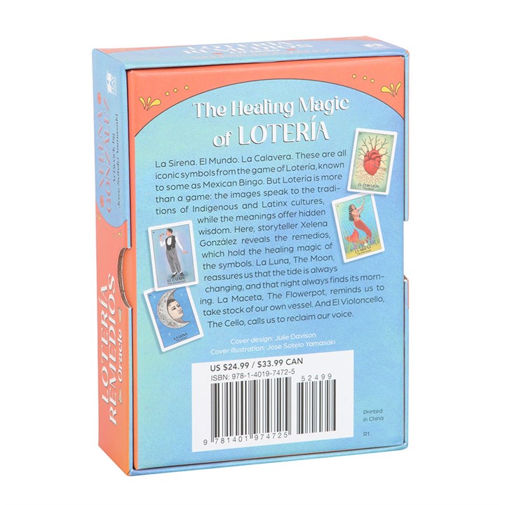 Loteria Remedios Oracle Cards box featuring unique artwork and symbols for spiritual guidance