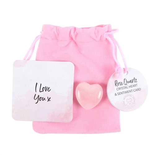 I Love You Rose Quartz Crystal Heart in a bag with sentiment card, love crystals for healing
