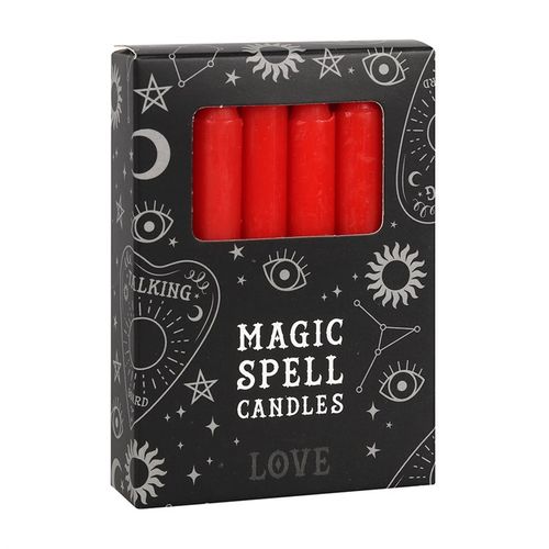 Set of 12 love spell candles set in red for spiritual rituals and intentions, packaged in a decorative box