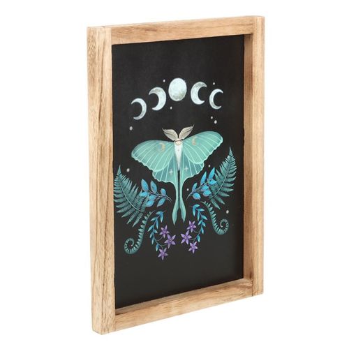 Luna moth wall art featuring a beautifully designed moth framed in wood with celestial elements