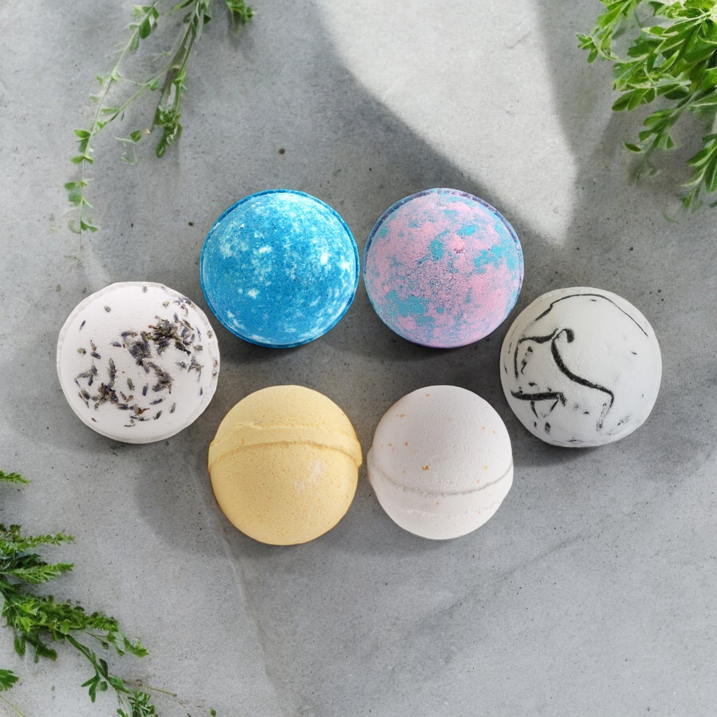 Luxury bath bomb collection with assorted colors and fragrances for a relaxing spa experience