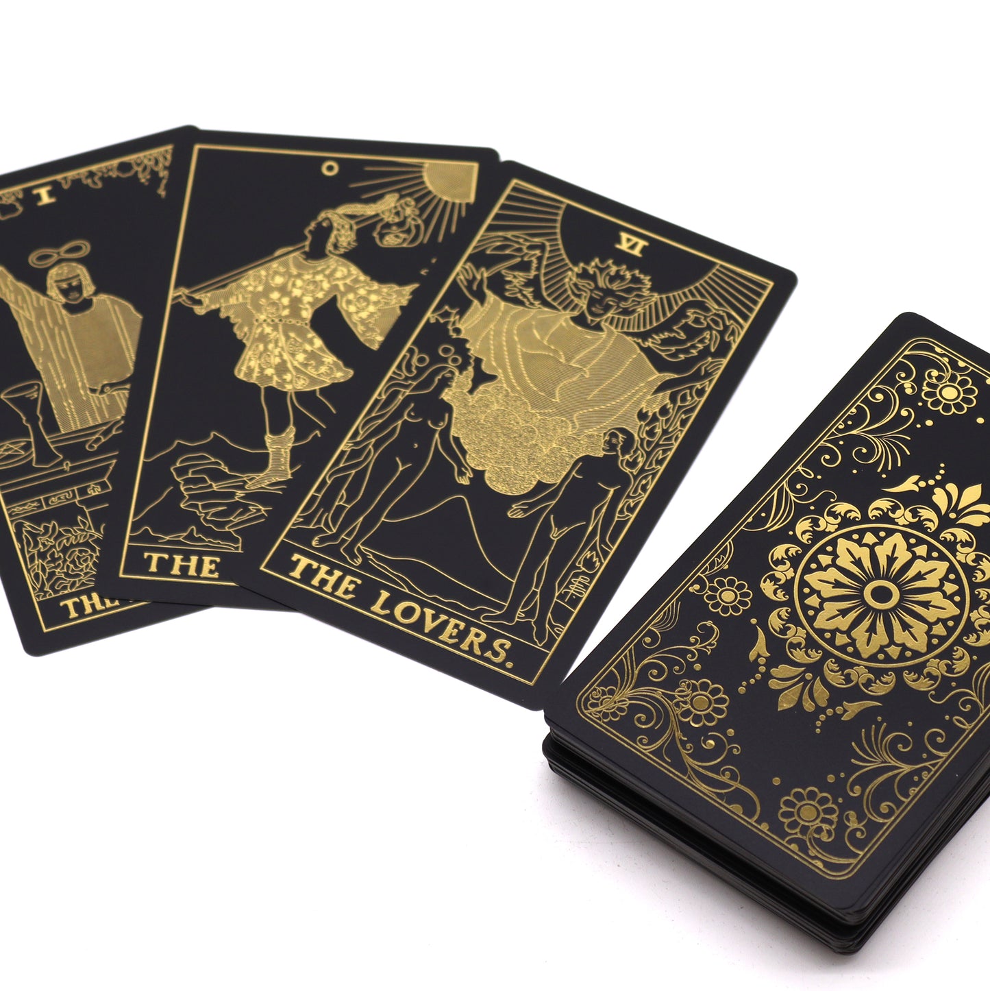 Luxury tarot card set featuring intricate designs and gold accents for intuitive readings