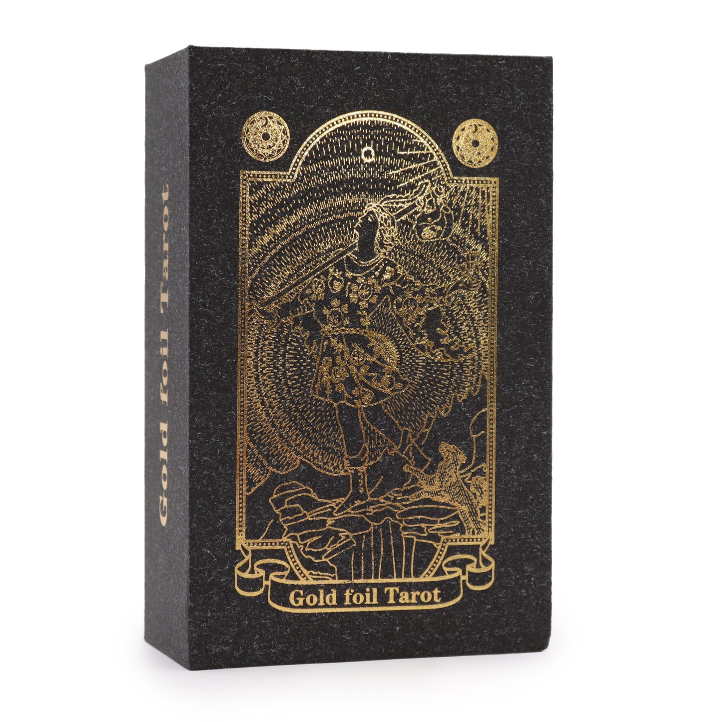 Luxury tarot card set with gold foil design and matching guidebook in a stylish black box
