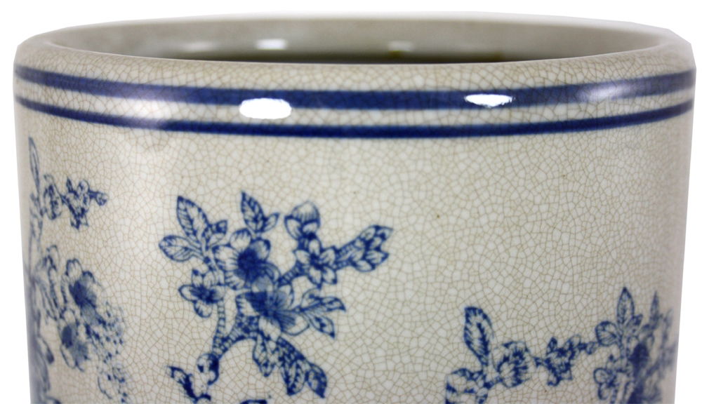 Ceramic magnolia design umbrella holder with blue floral pattern and crackle glaze finish by Geko Products