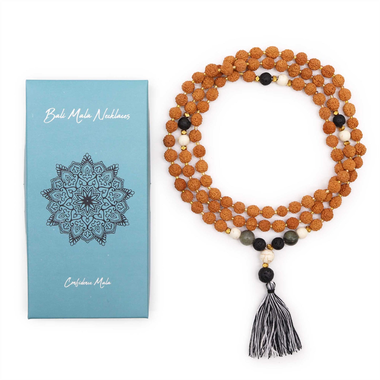 Mala necklace for confidence made of natural beads with tassel and elegant packaging