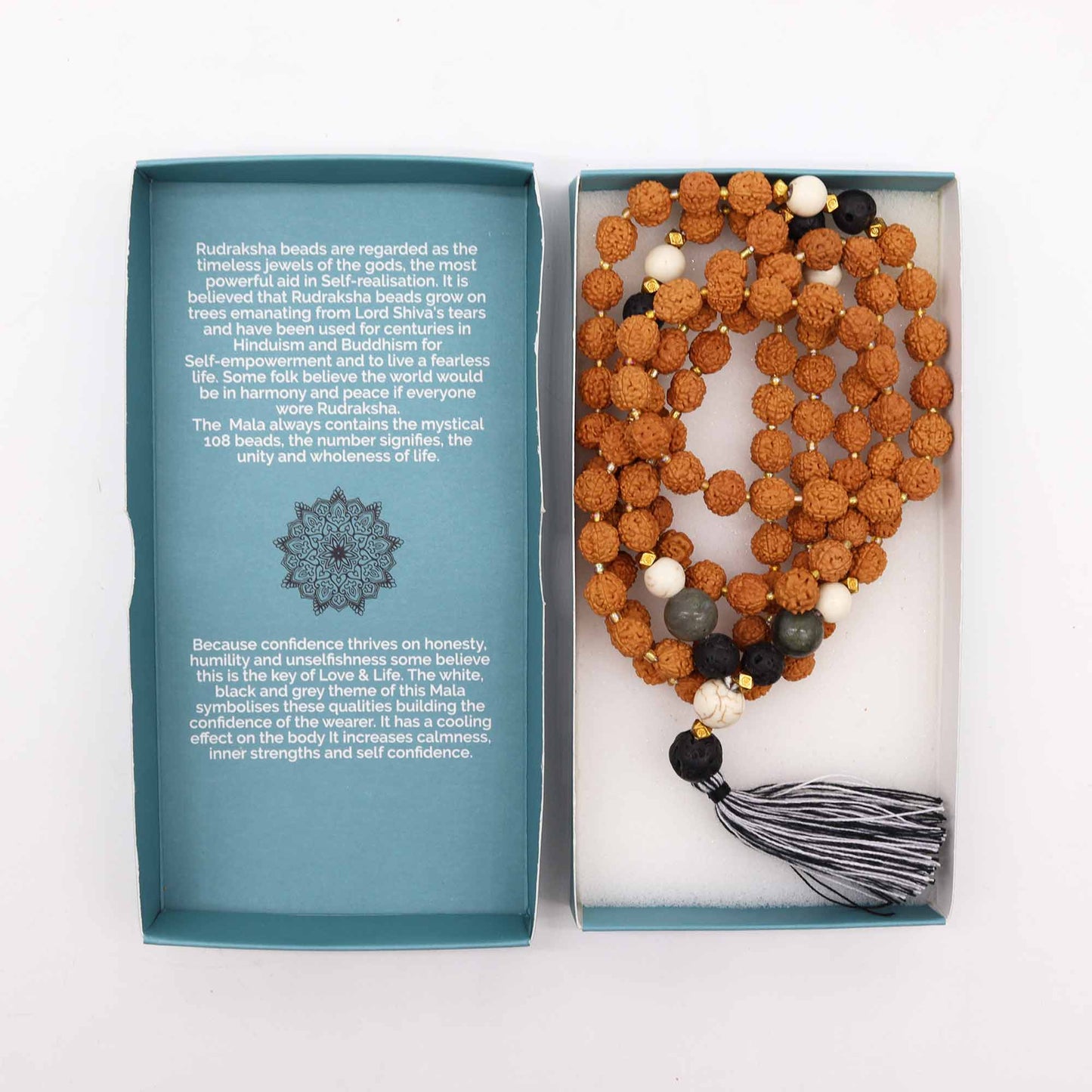 Mala necklace for confidence with Rudraksha beads and a tassel, promoting self-empowerment and spiritual growth