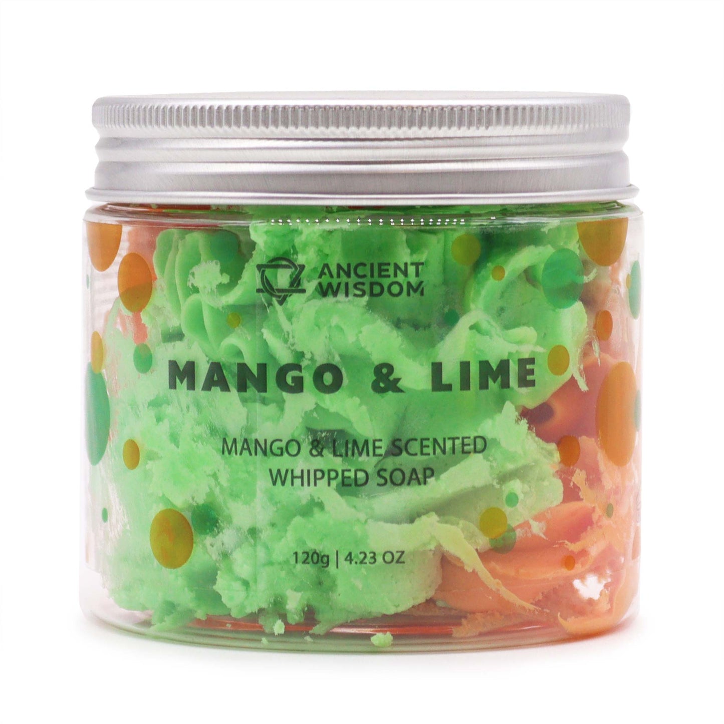 Mango Lime Whipped Soap in a clear jar with vibrant colors for a refreshing bathing experience