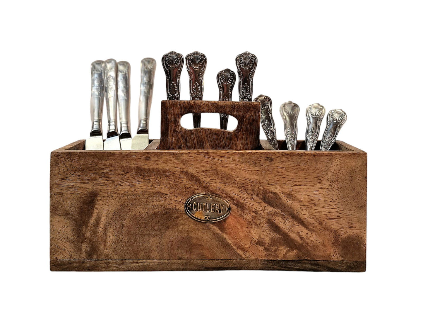Geko Products mango wood cutlery stand holding assorted silverware with ornate handles