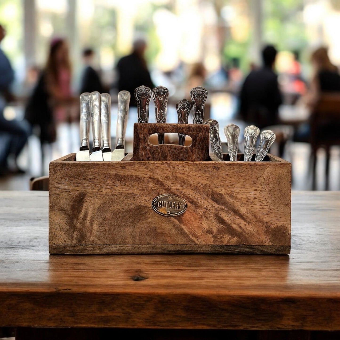 Geko Products mango wood cutlery stand with vintage silverware handles on wooden table