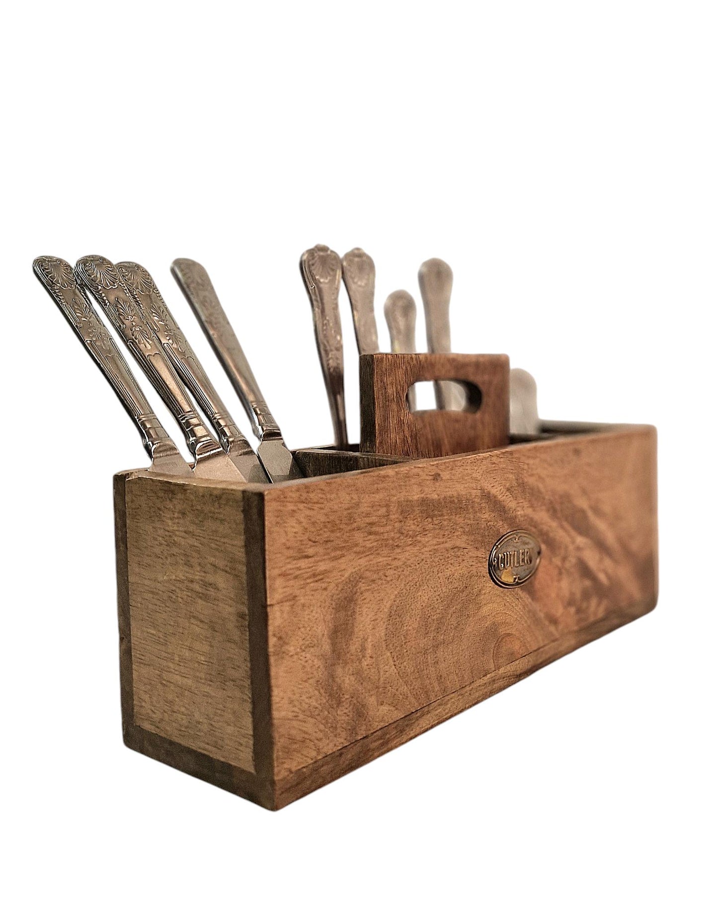 Geko Products mango wood cutlery stand holding various silver cutlery pieces with a natural wooden finish