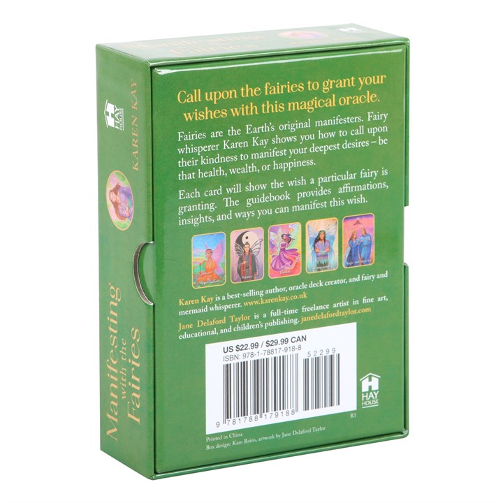 Manifesting with the Fairies Oracle Cards box featuring illustrations and descriptions for guidance in wish fulfillment