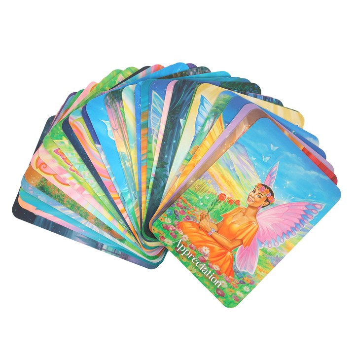 Manifesting with the Fairies Oracle Cards featuring colorful designs and fairy illustrations for spiritual guidance