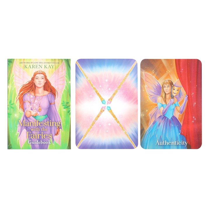 Manifesting with the Fairies Oracle Cards including guidebook and sample cards featuring vibrant illustrations