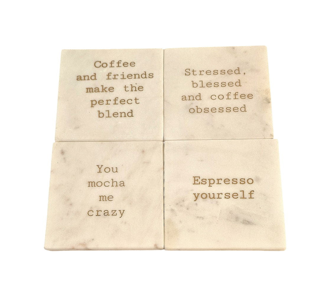Geko Products set of four marble coasters tea coffee with coffee-themed quotes in brown text