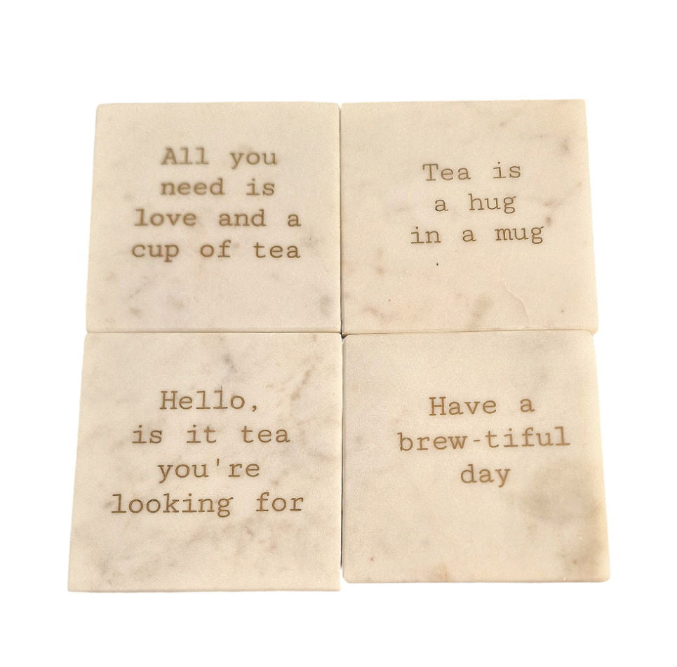 Set of four marble coasters tea coffee with inspirational tea quotes engraved on each coaster